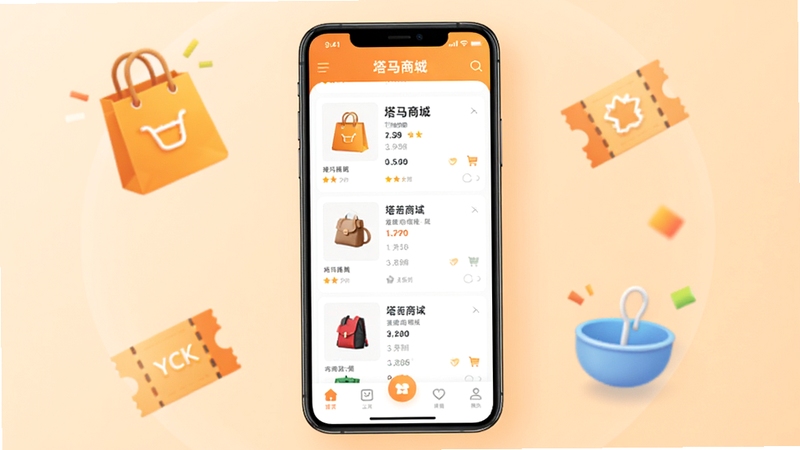 一款名为塔马商城的移动购物应用界面展示,画面中央为手机屏幕,屏幕内呈现商品列表与底部导航栏,背景区域为柔和的浅橙色渐变,周围点缀购物袋与优惠券图标,整体风格清新明亮,突出移动电商的便捷与活力
