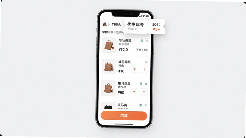 塔马商城购物车页面展示,画面中央为手机屏幕显示购物车列表,包含商品缩略图、名称、价格与数量选择器,底部有结算按钮,背景区域为浅灰色调,屏幕上方有悬浮的优惠券标签,整体风格干净利落,突出购物车的实用与便捷