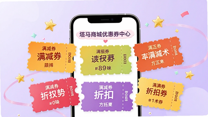 塔马商城优惠券中心页面,画面中央为手机屏幕展示多张色彩鲜艳的优惠券卡片,包含满减券、折扣券等类型,背景区域为淡紫色渐变,卡片周围有金色小星星点缀,整体风格活泼喜庆,体现购物的实惠与乐趣