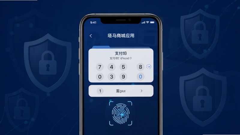 塔马商城应用的安全支付界面展示,画面中央为手机屏幕显示支付密码输入框与指纹识别图标,背景区域为深蓝色调搭配盾牌与锁形图案,整体风格稳重可靠,传达安全与信任的视觉感受