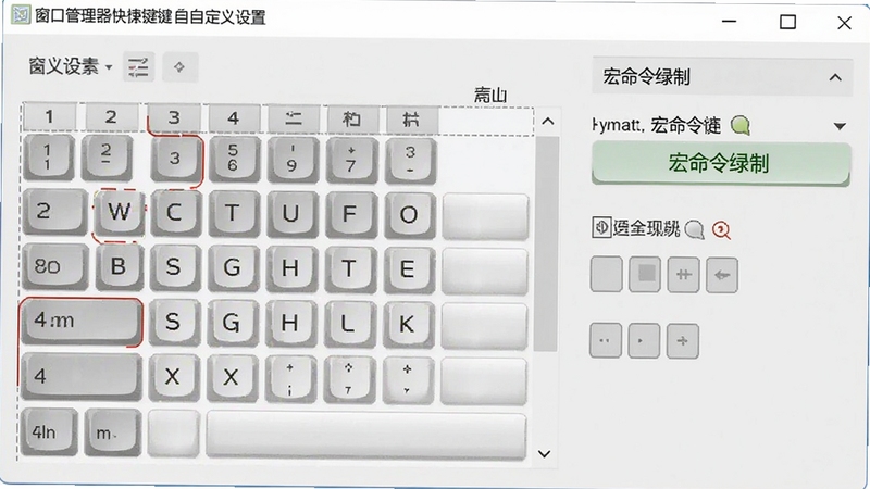 窗口管理器快捷键自定义设置界面截图风格图,画面中显示键盘按键映射表格与宏命令录制按钮,界面配色为浅灰色调,布局清晰专业
