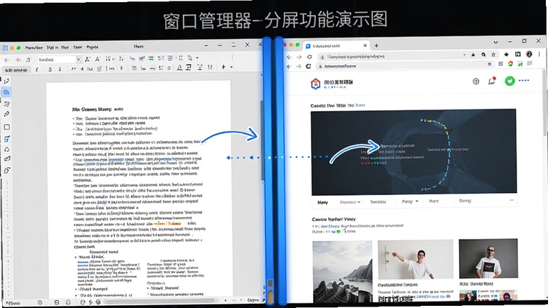 窗口管理器智能分屏功能演示图,屏幕被划分为左右两个等大区域,左侧显示文档编辑窗口,右侧显示网页浏览窗口,中间有蓝色高亮边框标注吸附位置,画面简洁直观