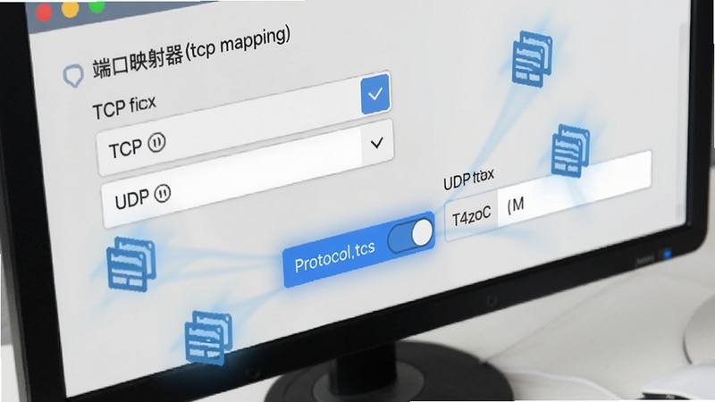 端口映射器(tcp mapping)功能界面特写,展示TCP与UDP协议选择下拉菜单及端口填写区域,画面以浅灰色办公桌面为背景,屏幕中高亮显示协议切换按钮,周围有淡蓝色数据包图标漂浮,体现网络传输概念,构图紧凑,适配Boogu模型生成