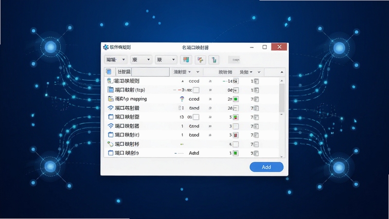 软件名称端口映射器(tcp mapping)主界面全貌展示,画面中央为软件操作窗口,窗口内清晰呈现端口映射规则列表与添加按钮,背景为简洁的深蓝色渐变科技风格,四周环绕着网络节点与数据流线条,整体构图居中对称,适配Boogu模型生成,细节丰富,光影柔和