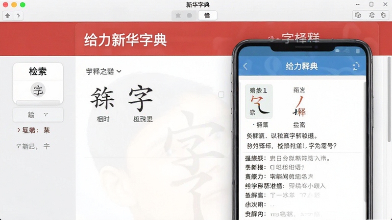 给力新华字典软件界面展示汉字检索功能与字条释义详情页