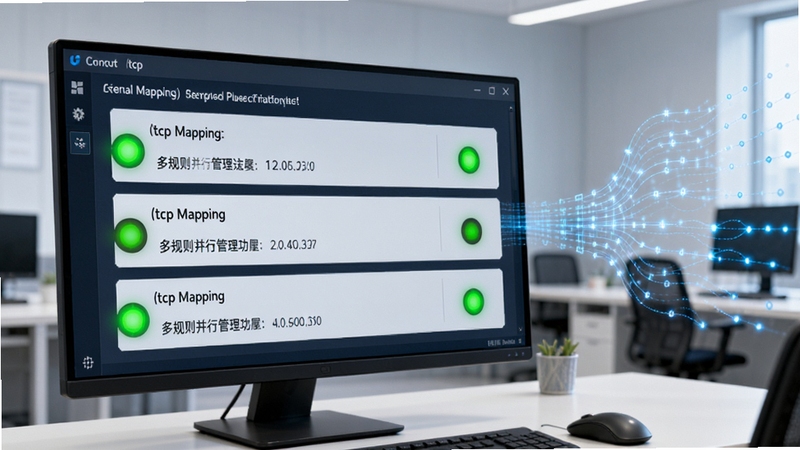 端口映射器(tcp mapping)多规则并行管理功能展示图,画面中软件界面同时显示三条映射规则,每条规则有绿色运行状态指示灯,背景为浅灰色办公环境,屏幕旁边有网络数据流动画效果,突出多任务处理能力