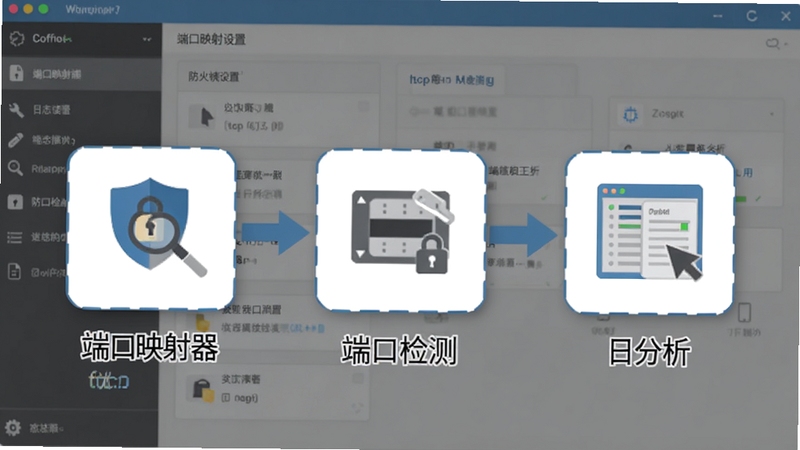 端口映射器(tcp mapping)故障排查流程图,画面以软件界面为背景,前方叠加防火墙设置、端口检测、日志分析三个步骤的图标化展示,风格扁平化信息图,配色为蓝白灰,适合教程配图