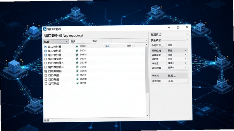 端口映射器(tcp mapping)软件主界面全貌展示,画面中央为软件窗口,左侧显示端口映射规则列表,右侧为配置参数面板,背景为深蓝色科技感网络拓扑图,有数据流光线连接内外网节点,整体风格简洁专业,适合软件下载站展示图