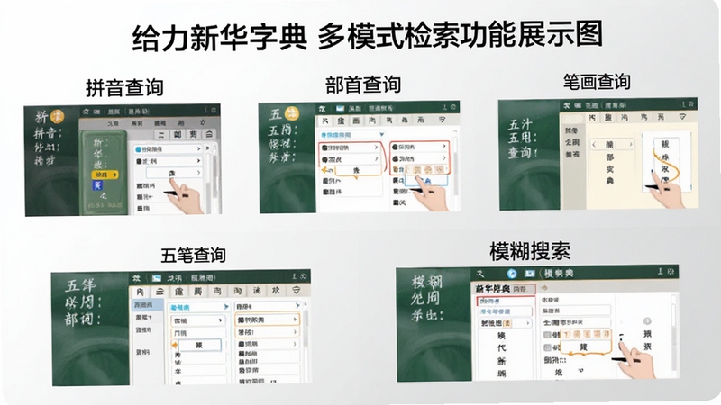 给力新华字典多模式检索功能展示图,画面分为五个区域分别标注拼音查询、部首查询、笔画查询、五笔查询和模糊搜索,每个区域配以对应操作界面截图,背景为白色到浅灰色的柔和过渡,突出功能分区,适配Boogu模型生成