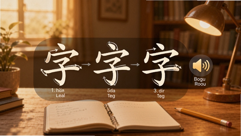 给力新华字典学习辅助功能界面,画面中央展示一个汉字的笔顺动画分解步骤,旁边配有发音喇叭图标和拼音标注,背景为暖色调书房场景,书桌上放着笔记本和铅笔,适配Boogu模型生成