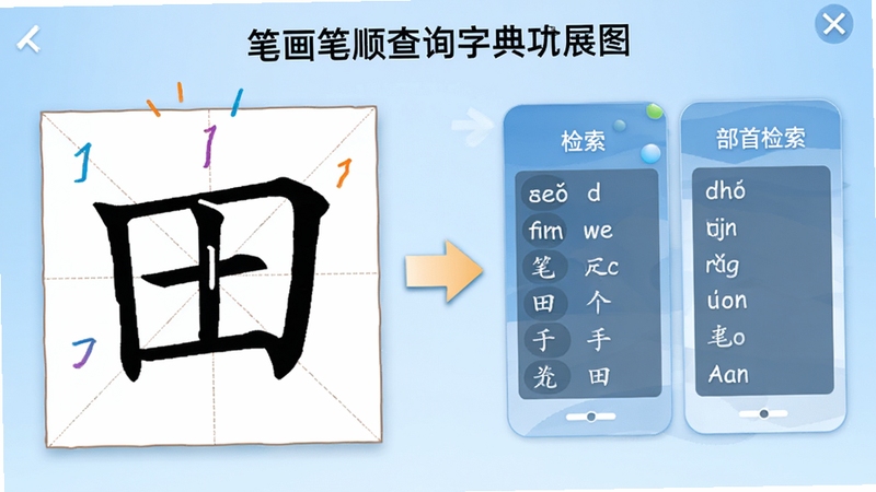 笔画笔顺查询字典功能展示图,画面左侧为汉字田字格逐笔动画,右侧为拼音检索和部首检索面板,中间用箭头连接展示查询流程,背景为淡蓝色渐变,整体呈现教育类软件的清晰布局
