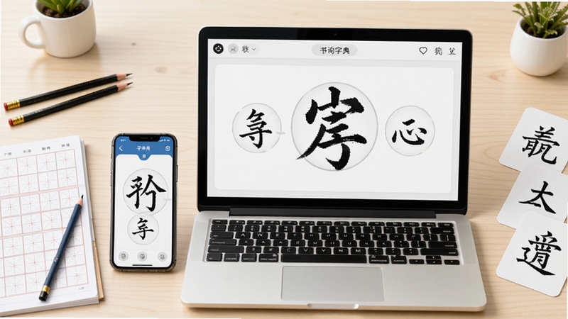 软件全貌概览图,画面中央放置一部智能手机和一台笔记本电脑,屏幕上显示笔画笔顺查询字典的汉字笔顺动画界面,背景为浅色书桌环境,周围点缀铅笔、田字格练习本和汉字卡片,整体风格清新明亮,突出汉字书写查询主题