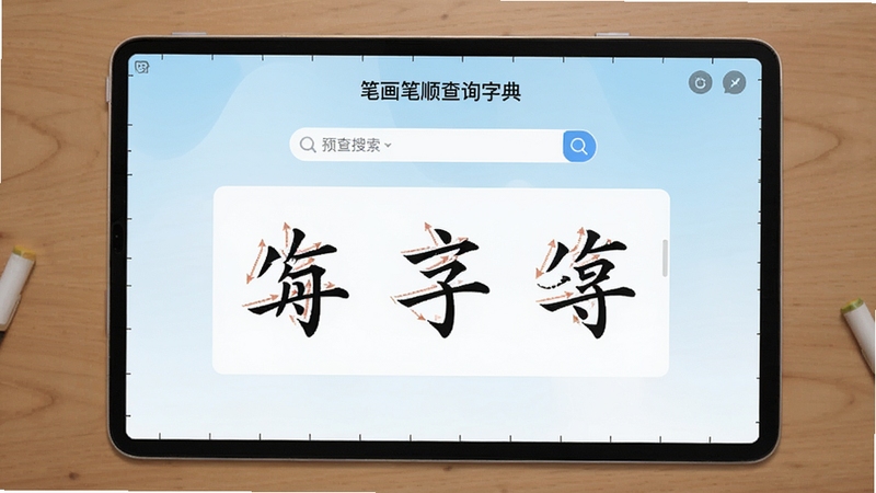 笔画笔顺查询字典软件主界面全貌展示,画面中央为查询搜索框与汉字笔顺动态演示区域,背景为淡雅的浅蓝色渐变,整体风格清新简洁,适合学习工具类应用宣传图,画面主体坐标居中,背景区域留白充足,适配Boogu模型生成