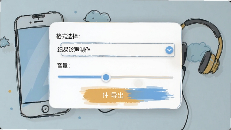 纪易手机铃声制作软件导出设置界面,画面展示格式选择下拉菜单、音量调节滑块与导出按钮,界面风格为浅色卡片式布局,背景有手机与耳机简笔插画,适配Boogu模型生成
