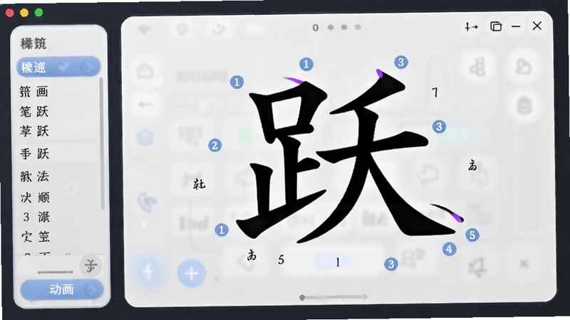 笔画笔顺跃进汉语输入法笔顺动画演示界面,画面中心为一个放大显示的汉字“跃”,周围环绕笔画顺序数字标注,左侧为输入法候选栏,背景为白色磨砂玻璃质感,整体呈现教育类软件风格,适配Boogu模型生成