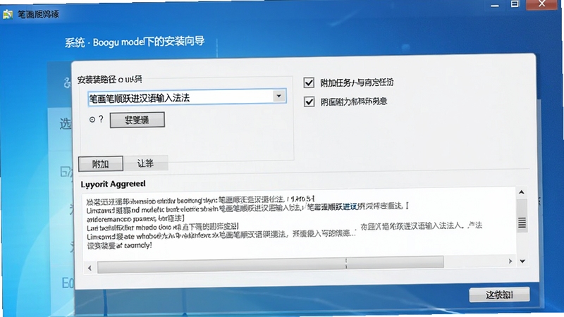 笔画笔顺跃进汉语输入法在Windows系统下的安装向导界面,画面展示安装路径选择、附加任务勾选框、许可协议滚动区域,背景为蓝色渐变安装窗口,整体风格简洁专业,适配Boogu模型生成
