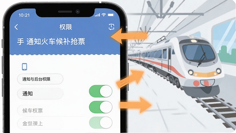 铁路火车候补抢票 手机权限设置界面 通知与后台权限开关 操作指引箭头 扁平化UI风格