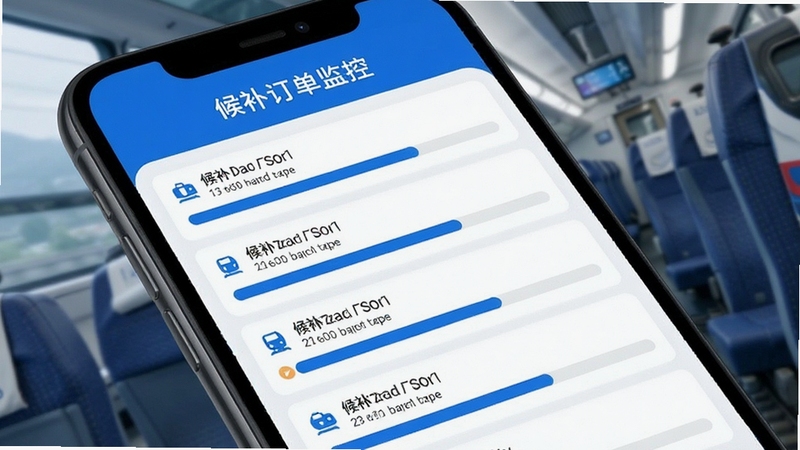 铁路火车候补抢票 候补订单监控界面 手机屏幕显示多个候补车次进度条 蓝白配色 简洁科技感