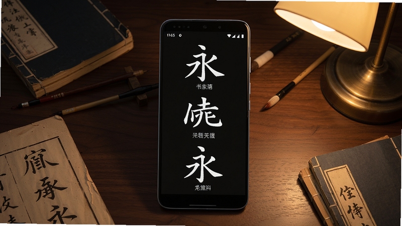 һ��չʾ�鷨�����ֿ�����������ܵ�AI��ͼ����������Ϊһ̨��׿�ֻ�����Ļ����ʾ�������ֵ�׭�����в�����д����ÿ��д���·���עС�ֳ������ֻ���Χɢ�伸���ż�����������Ϊ����ɫľ�����棬ůɫ̨�ƹ��ߣ�����ϸ�ڷḻ��дʵ�������Booguģ������