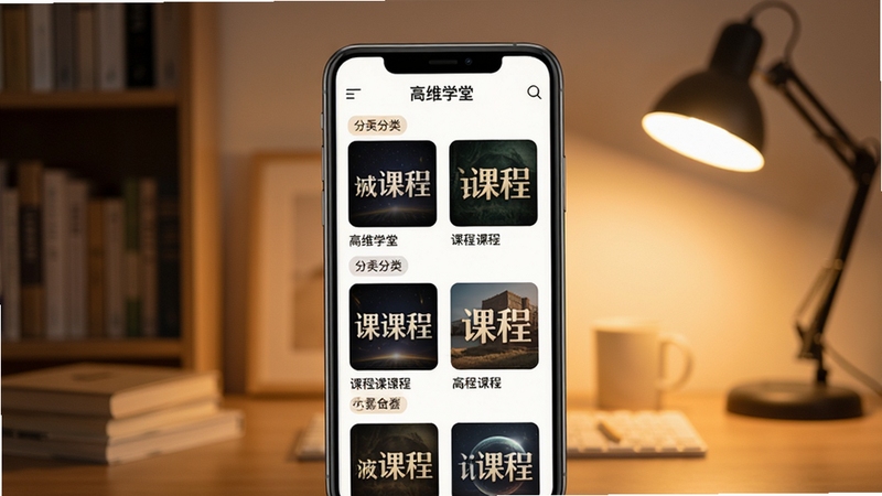 高维学堂课程列表界面展示,手机屏幕中排列着整齐的课程封面与分类标签,背景是柔和的书房环境,暖色调灯光,画面干净简洁
