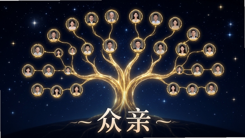 众亲家族树可视化功能展示,画面主体为发光的树状结构,每个节点代表一位家族成员,节点之间用金色线条连接,背景为深蓝色星空,寓意家族传承源远流长,软件名称众亲以柔和字体悬浮于画面下方