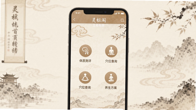 灵枢阁软件首页界面展示,画面主体为一部竖屏安卓手机,屏幕中央显示灵枢阁应用主页面,页面包含体质测评、穴位查询、养生方案等功能入口图标,背景为淡雅的中医风格水墨纹理,整体色调以米白与浅棕为主,光线柔和均匀,细节清晰,适配Boogu模型生成