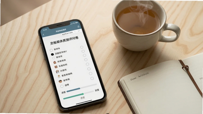 灵枢阁体质测评页面截图,画面主体为手机屏幕,屏幕中展示灵枢阁体质测评问卷界面,包含若干选择题与进度条,背景为浅色木纹桌面,手机旁放着一杯热茶与一本翻开的笔记本,整体氛围安静舒适,细节丰富,适配Boogu模型生成