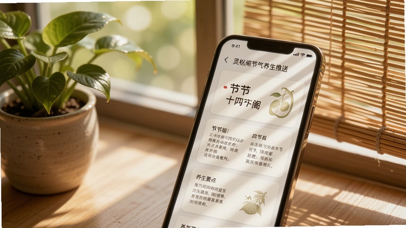 灵枢阁节气养生推送页面,画面主体为手机屏幕显示二十四节气养生卡片,卡片上有节气名称与养生要点摘要,背景为窗台边的一盆绿植与竹帘,自然光透过竹帘洒在手机屏幕上,画面温暖宁静,适配Boogu模型生成