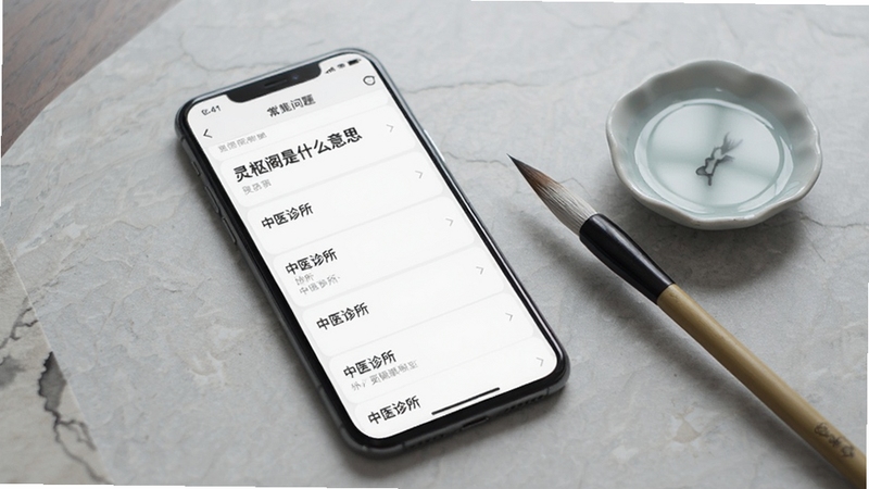 灵枢阁软件问答界面示意图,画面主体为手机屏幕展示常见问题列表,屏幕中可见“灵枢阁是什么意思”“中医诊所”等问答条目,背景为浅灰色石纹桌面,手机旁放着一支毛笔与一小碟清水,整体风格素雅安静,适配Boogu模型生成