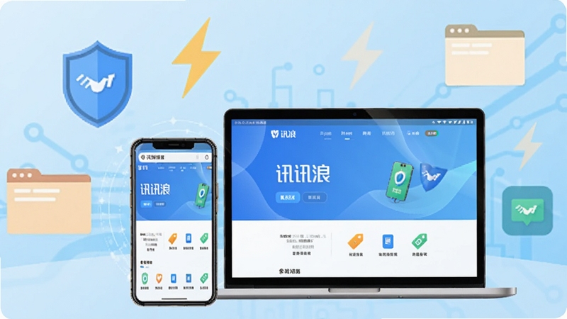 ��������չʾһ�������ֻ���һ̨�ʼǱ����Բ��Űڷţ���Ļ�о���ʾѶ�����������ˬ��ҳ���棬����Ϊǳ��ɫ����Ƽ������Χ�����Ŷ��ơ����硢��ǩҳ�ȱ�ƽ��ͼ�꣬����ɫ��������࣬ͻ�������밲ȫ���������