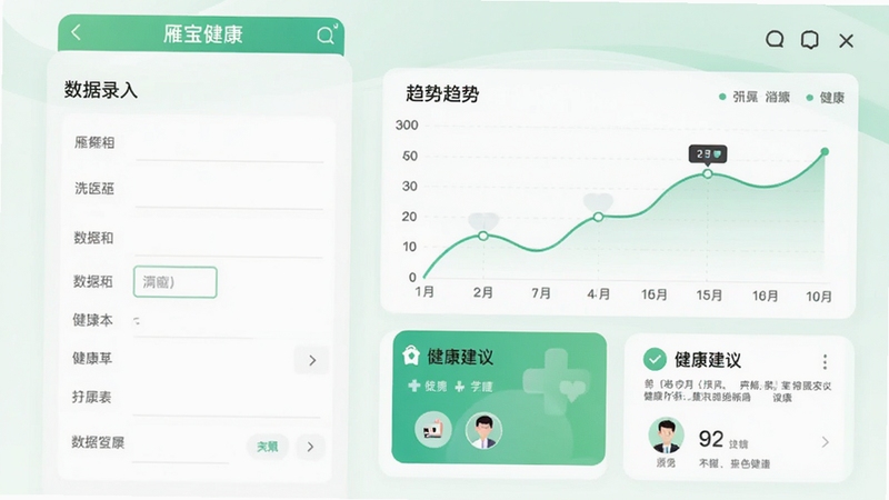 雁宝健康功能界面截图风格图,画面左侧为数据录入表单,右侧为折线趋势图与健康建议卡片,背景为白色与淡绿色搭配,整体呈现专业医疗健康类App的清爽质感,软件名称雁宝健康出现在顶部导航栏。