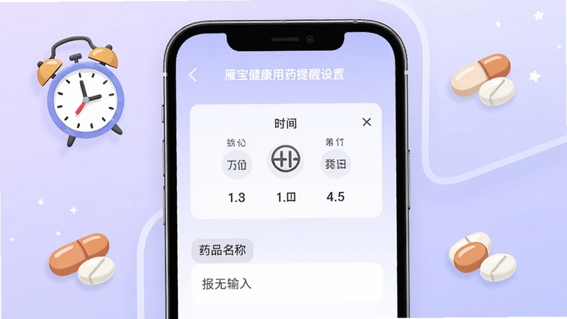 雁宝健康用药提醒设置界面示意图,画面展示手机屏幕上的提醒设置表单,包含时间选择器与药品名称输入框,背景为淡紫色渐变,周围有闹钟与药丸图标装饰,整体风格清晰易读。