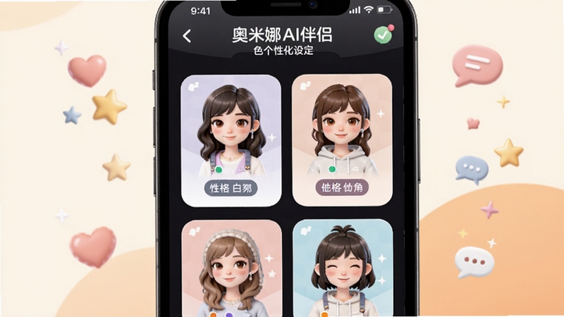 ������AI���½�ɫ���Ի��趨���棬��������Ϊ�ֻ���Ļ��չʾ���AI��ɫ��Ƭ��ÿ����Ƭ���в�ͬ��������ͷ�����Ը��ǩ����������Ϊ��ů���װ�ɫ��ǳ��ɫ���䣬����ɢ���Ű��ġ�������Ի�ͼ�꣬���������¿ɰ���ͻ��������AI���µĶ�������ɫѡ��