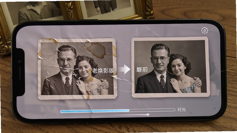 老照片修复焕影版破损划痕修复功能展示,一张带有明显折痕和污渍的老照片在手机屏幕中逐渐变得平整干净,画面带有修复进度条与对比箭头,背景为木质桌面与老式相框,突出修复前后的明显变化