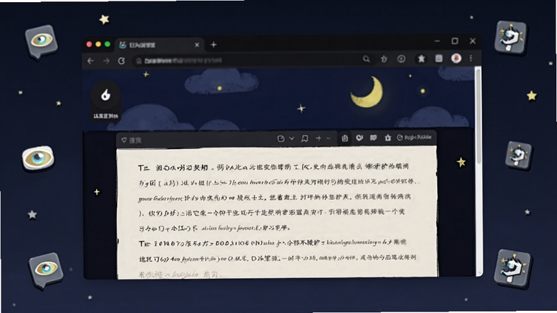 画面主体为豆豆浏览器夜间模式下的网页显示效果,中央区域为深色背景配浅色文字的阅读界面,背景为夜空与弯月,四周有星星点点与流量节省图标,整体色调深蓝偏黑,体现夜间护眼与省流主题,适配Boogu模型生成