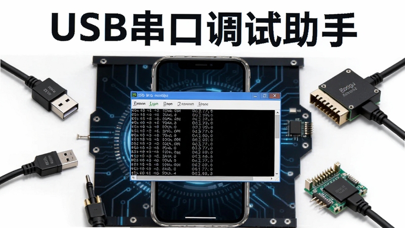 USB串口调试助手 软件主界面预览图,画面中央展示手机屏幕显示串口数据收发窗口,背景为深色科技风格,四周环绕USB线缆与串口模块,整体布局清晰,突出软件名称USB串口调试助手,适合Boogu模型生成宽屏预览图