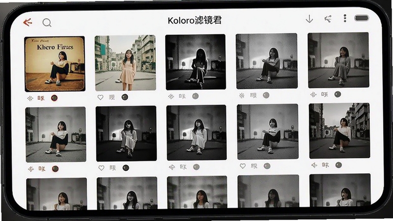 手机屏幕中显示Koloro滤镜君的滤镜选择界面,网格状排列着各种风格的滤镜缩略图,有复古、清新、黑白等不同色调,界面干净整洁