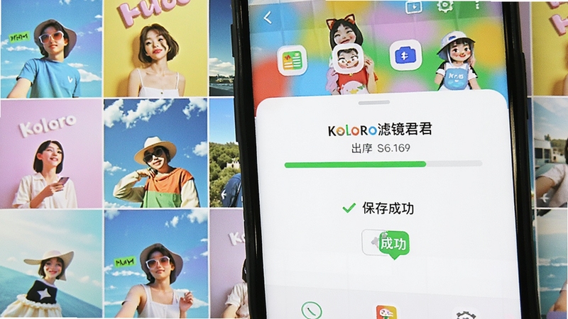 手机屏幕上显示Koloro滤镜君的导出进度条和保存成功提示,背景是相册缩略图,整体色调明亮