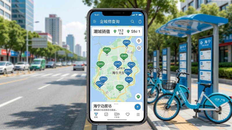 潮城骑行站点查询功能展示,画面中央为手机屏幕显示海宁市地图上多个自行车站点标记与可借车辆数量,背景为城市街景与公共自行车站点,整体色调清爽自然