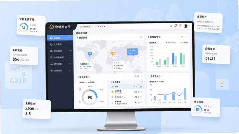 金梧桐会员管理软件全貌概览,画面中央展示软件主界面仪表盘,左侧为功能导航栏,右侧为会员数据统计图表,整体采用简洁商务风格,浅蓝色调背景,屏幕周围有少量数据卡片悬浮装饰,适配Boogu模型生成