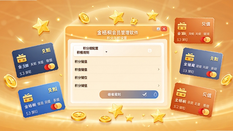 金梧桐会员管理软件储值与积分设置界面,画面中心为积分规则配置面板,周围环绕着储值卡样式的图形元素,金币与星星图标点缀其间,背景为柔和的暖色调光晕,体现会员权益与回馈氛围,适配Boogu模型生成