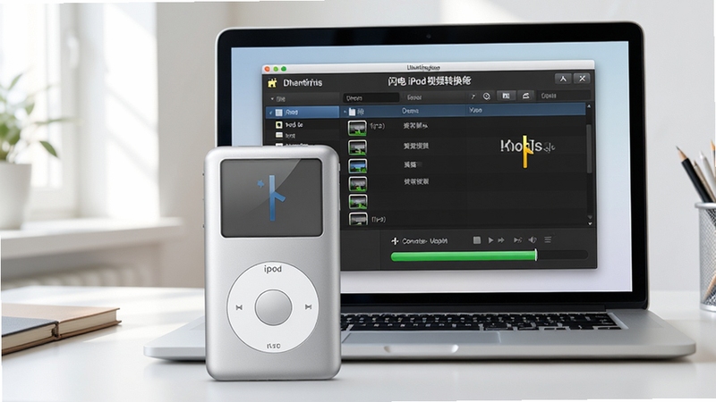 ��������չʾһ̨��ɫiPod Classic��������һ̨�ʼǱ����Բ��Űڷţ��ʼǱ���Ļ����ʾ����iPod��Ƶת�������������棬�����������Ե���Ƶ�ļ��б���ת��������������Ϊ�����ǳɫ���������������Ȼ���ߴ�������룬������Ϊдʵ��Ʒչʾͼ��ͻ��������������iPod��Ƶת��������������ϸ�ڷḻ