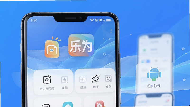 乐为软件主界面展示,蓝色渐变背景,手机屏幕中显示乐为应用图标与功能模块排列,界面简洁清爽,现代扁平化设计风格,高清细节,适合安卓应用商店展示图