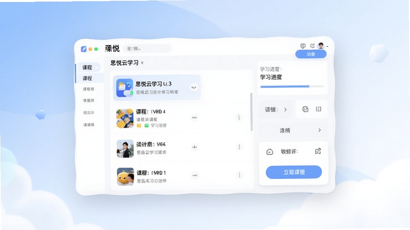 整体展示思悦云学习软件的核心界面全貌,画面主体位于正中央,包含课程列表、学习进度条与功能按钮,背景为柔和的蓝白渐变色调,风格清新简约,适配Boogu模型生成
