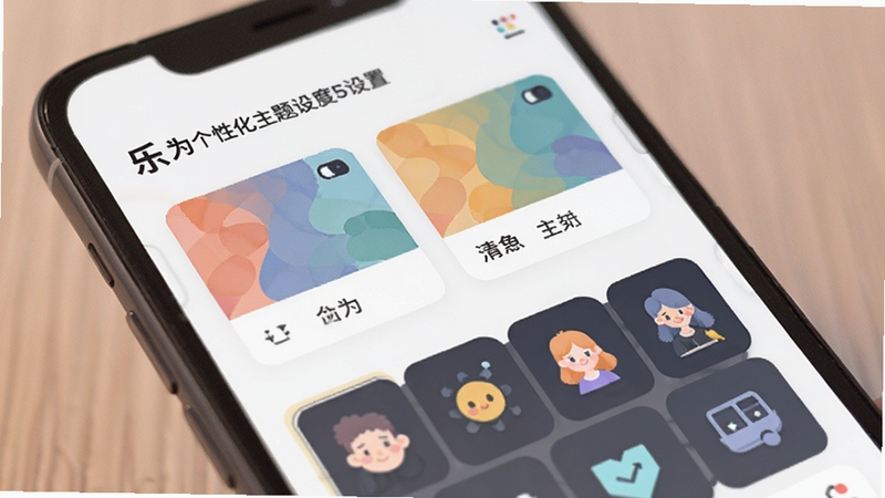 乐为个性化主题设置界面,展示多款配色方案与图标风格选项,手机屏幕特写,柔和光影,扁平插画风格,突出个性化定制概念