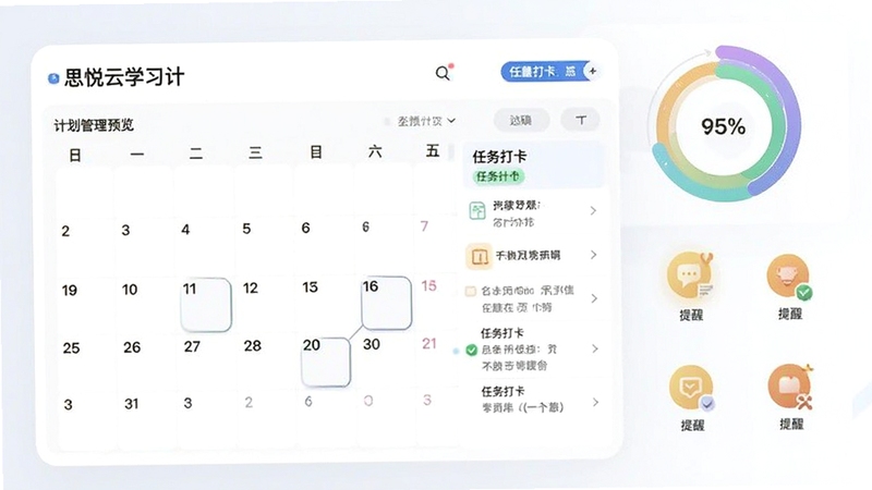 思悦云学习计划管理页面预览,画面主体展示日历视图与任务打卡列表,背景区域有进度环形图与提醒图标,整体设计简洁现代,适配Boogu模型生成