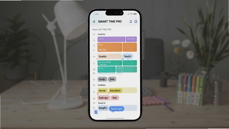 SMART TIME PRO 日程规划功能界面截图,画面展示彩色时间块与任务标签,手机屏幕悬浮于虚化背景之上,光线柔和,突出界面整洁与操作便捷,适合AI绘图模型生成