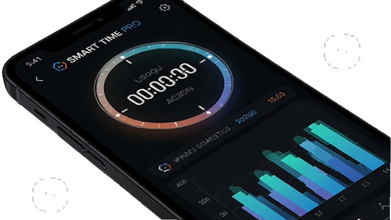 SMART TIME PRO 专注计时与数据统计图表界面,画面包含圆形计时器与柱状图,色彩鲜明,背景为深色模式下的手机屏幕,科技感十足,细节清晰,适合Boogu模型生成