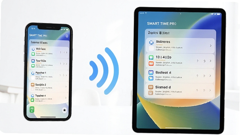 SMART TIME PRO 多设备同步示意图,画面左侧为手机,右侧为平板,两者屏幕均显示相同任务列表,中间以无线信号图标连接,背景简洁明亮,突出跨设备协同概念,适合AI生图