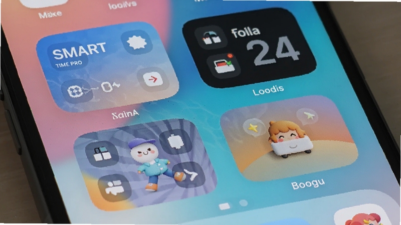 SMART TIME PRO 桌面小组件与个性化主题展示,画面为手机主屏特写,屏幕上有多个不同尺寸的小组件,背景为渐变色彩,风格清新时尚,适合Boogu模型生成